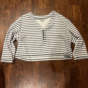 Urban Outfitters Navy and White Striped V-Neck Sweater